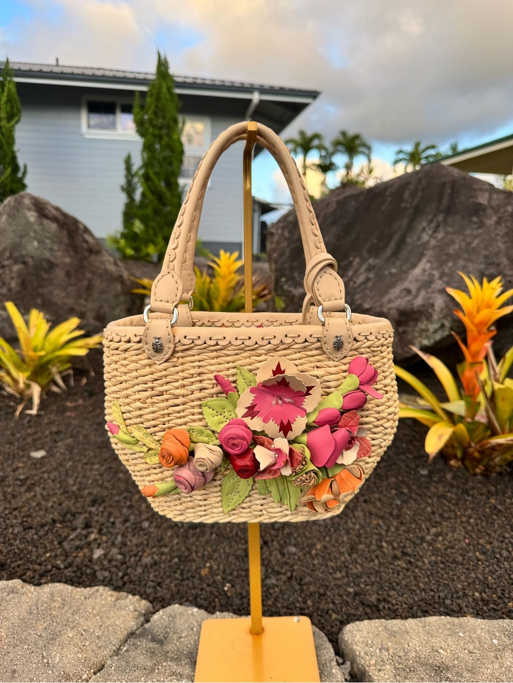 Brighton Straw Basket Tote Bag Floral Leather Appliqué Ladybug with Heart Charm